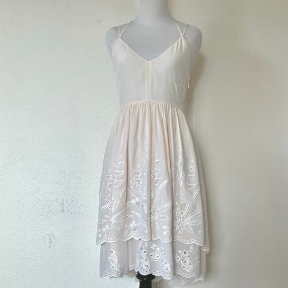 Rebecca Minkoff 100% Silk Embroidered Midi Dress Ivory Boho Size 00 - Picture 1 of 13